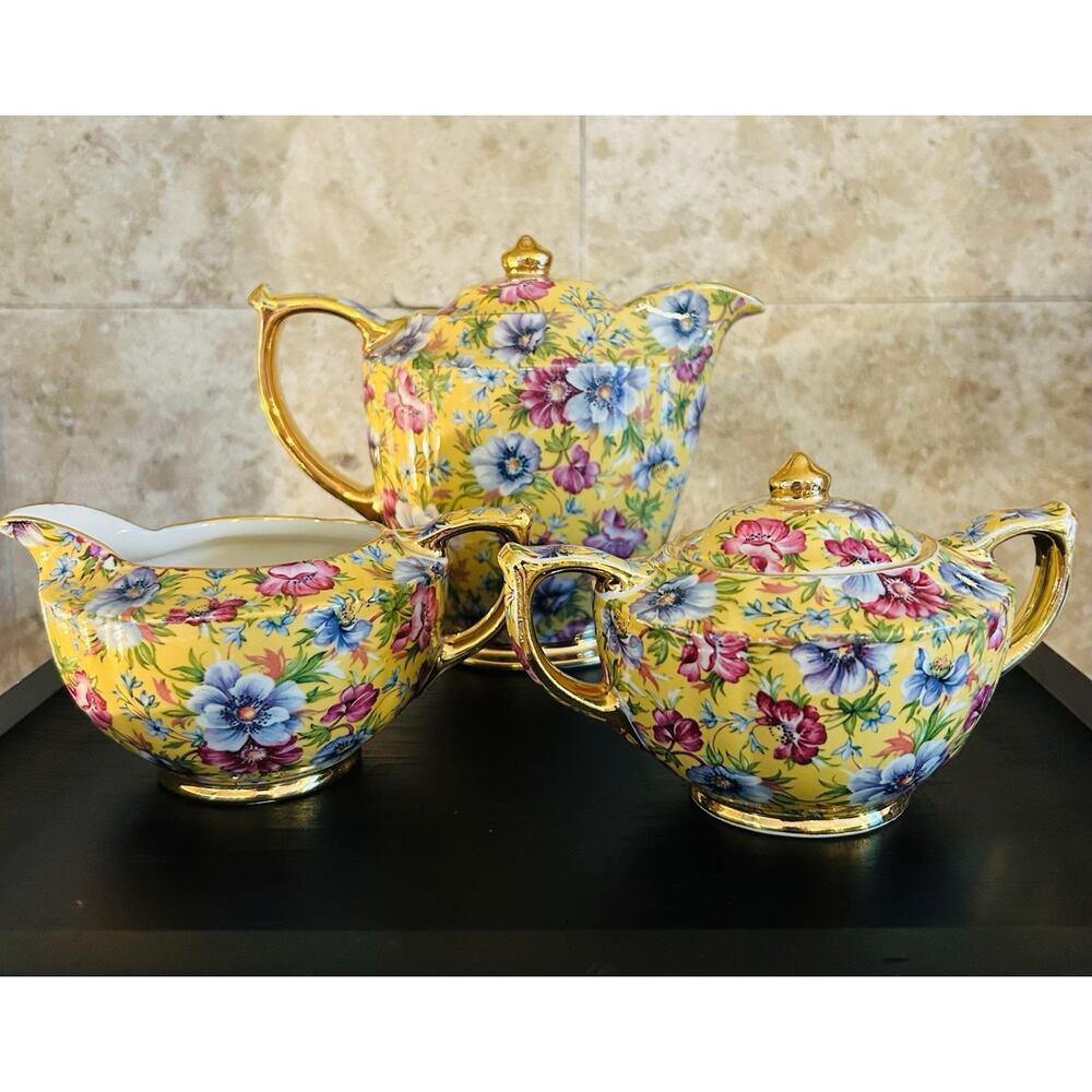 JAMES SADLER‎ SOPHIE CHINTZ MINI COFFEE POT, CREAMER, AND SUGAR - VINTAGE/RARE
